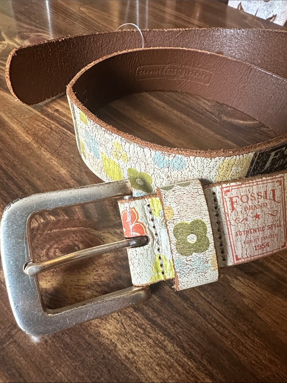 Fossil Floral Printed Leather Belt in Brown, Cream, Yellow, Blue Size Medium